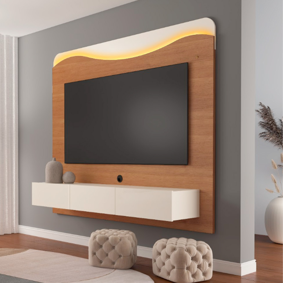 Painel para TV até 75 Polegadas Lumiere com LED 3 Gavetas Cinamomo e Off White