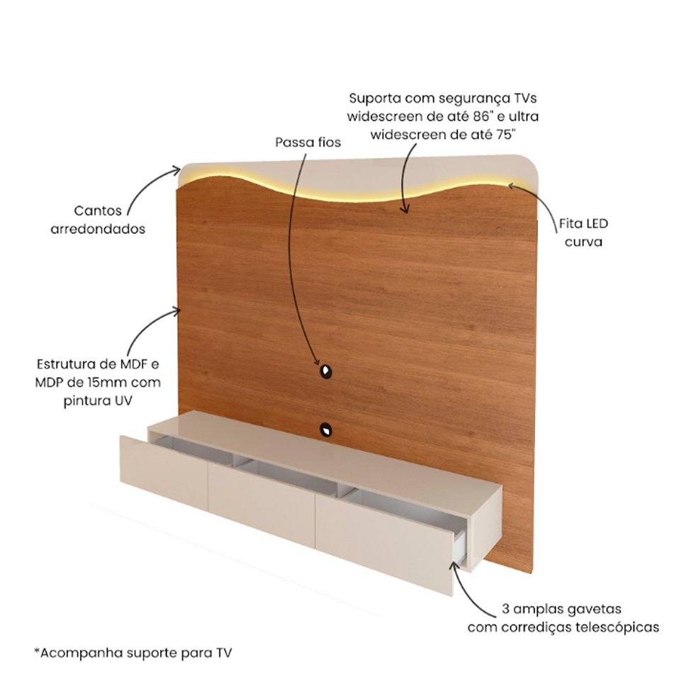 Painel para TV até 75 Polegadas Lumiere com LED 3 Gavetas Cinamomo e Off White