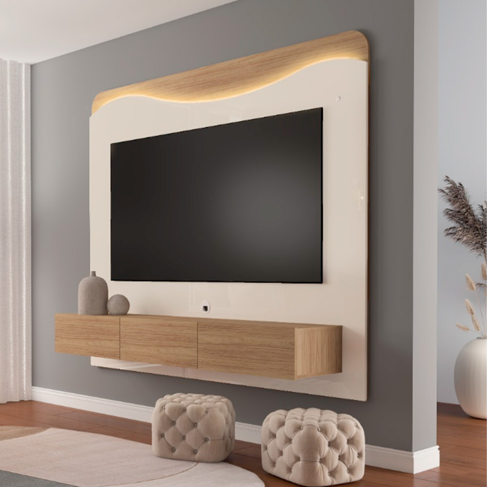 Painel para TV até 75 Polegadas Lumiere com LED 3 Gavetas Off White e Carvalho