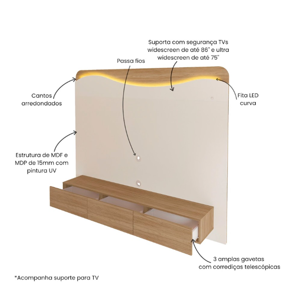Painel para TV até 75 Polegadas Lumiere com LED 3 Gavetas Off White e Carvalho