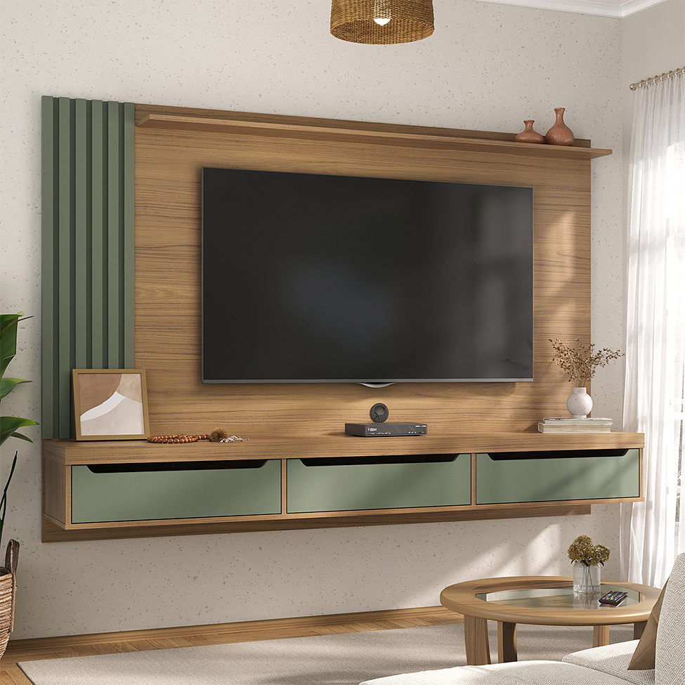 Painel para TV até 75 Polegadas Presence Carvalho e Verde Menta