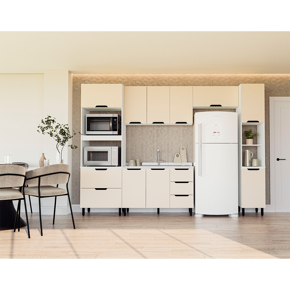 Paneleiro Meena 2 Portas 1 Gaveta Creme e Branco