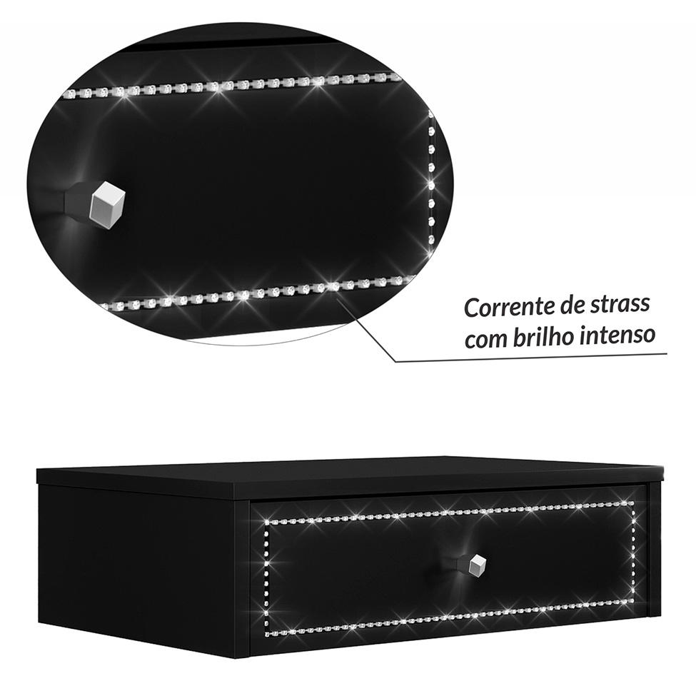 Penteadeira Suspensa Strass 1 Gaveta Preto 50 cm