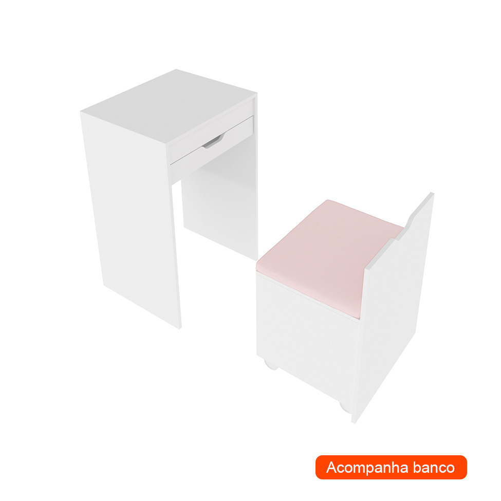 Penteadeira com Espelho Eloá 1 Porta 1 Gaveta Branca e Rosa