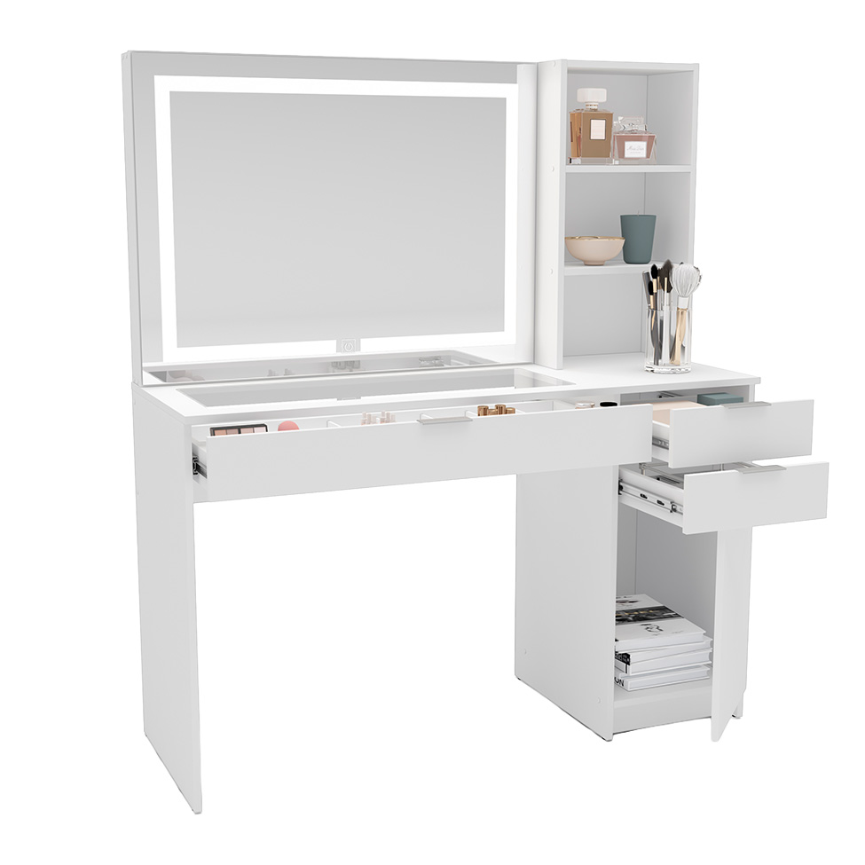 Penteadeira com Espelho e LED Bella 1 Porta 3 Gavetas Branca