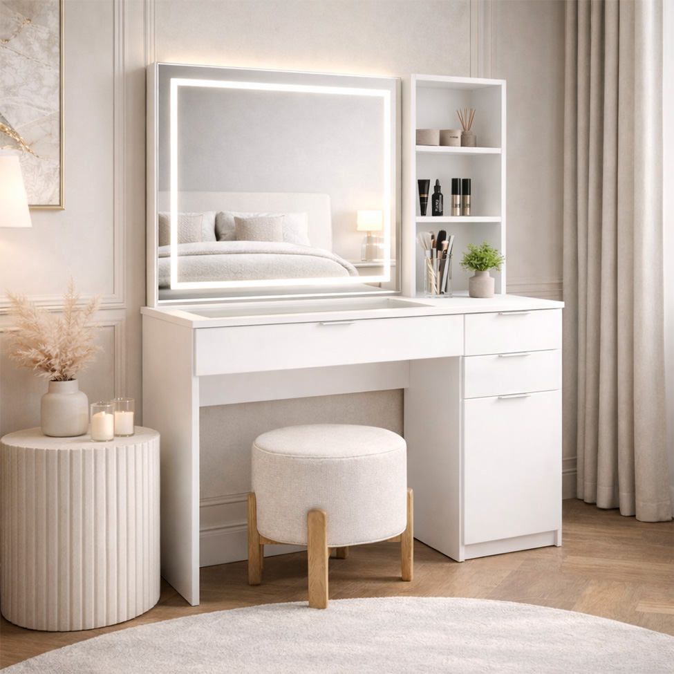 Penteadeira com Espelho e LED Bella 1 Porta 3 Gavetas Branca