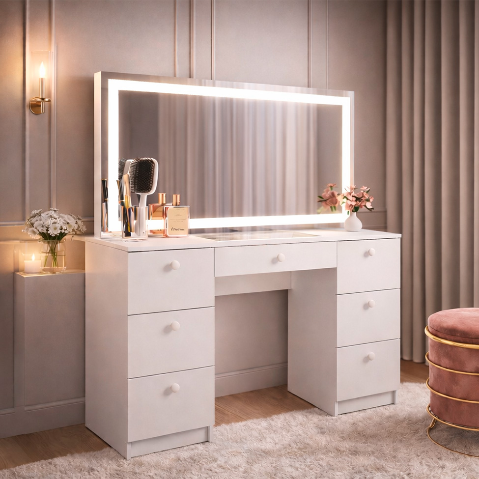Penteadeira com Espelho e Led Touch Iris 7 Gavetas Branca