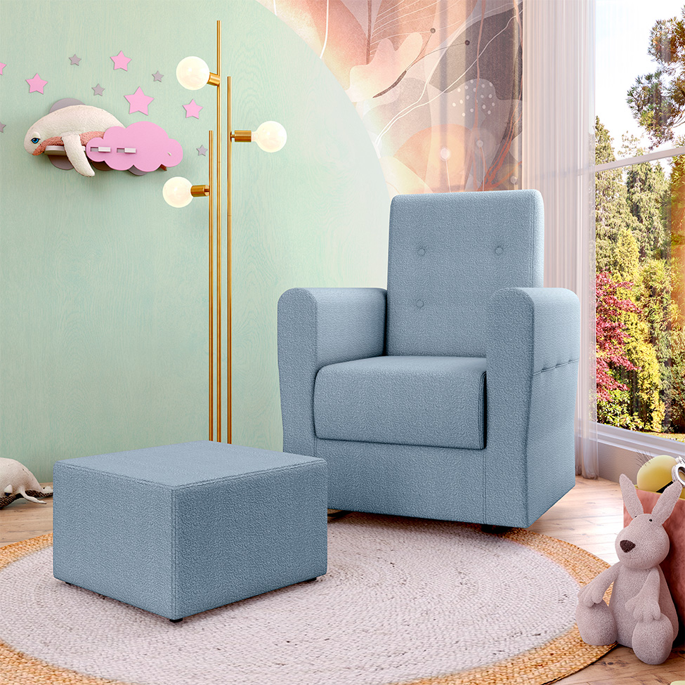 Poltrona Decorativa Pés Balanço com Puff Ninho Bouclé Azul