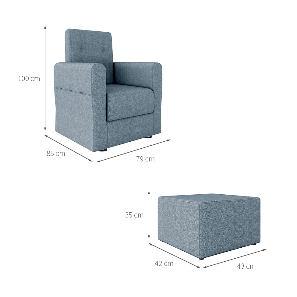 Poltrona Decorativa Pés Balanço com Puff Ninho Bouclé Azul