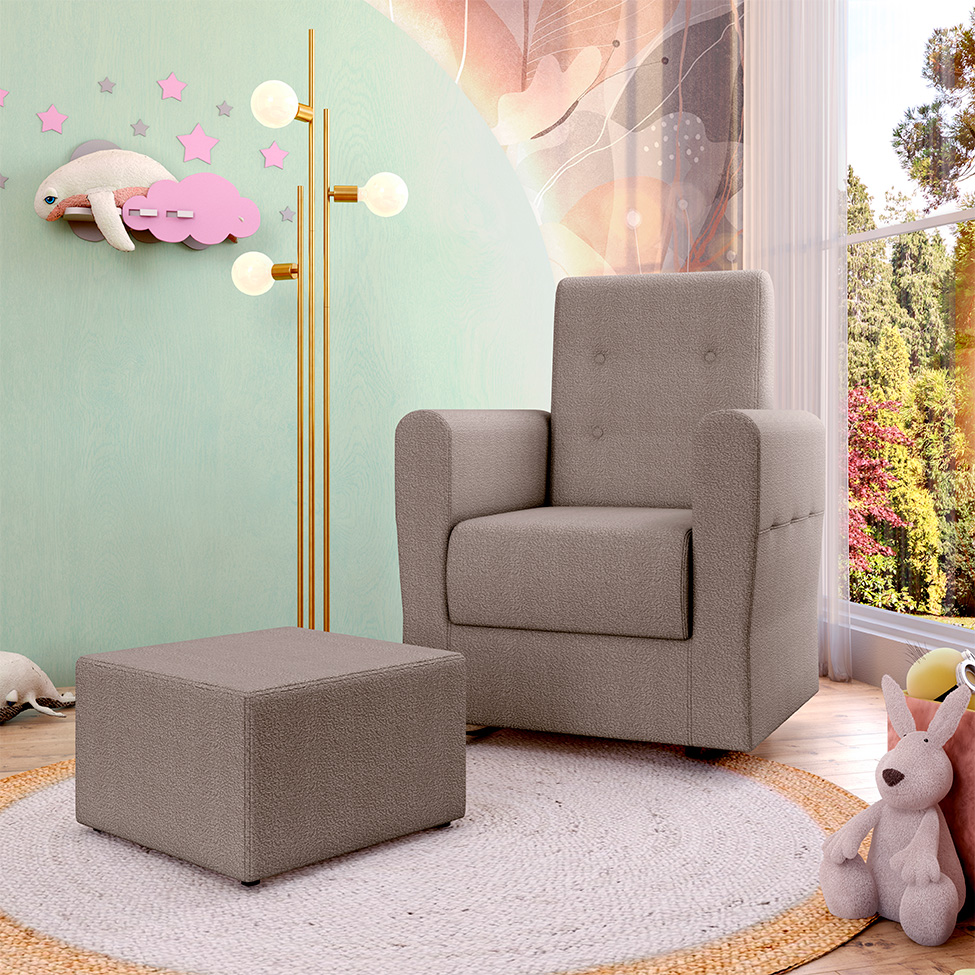 Poltrona Decorativa Pés Balanço com Puff Ninho Bouclé Marrom