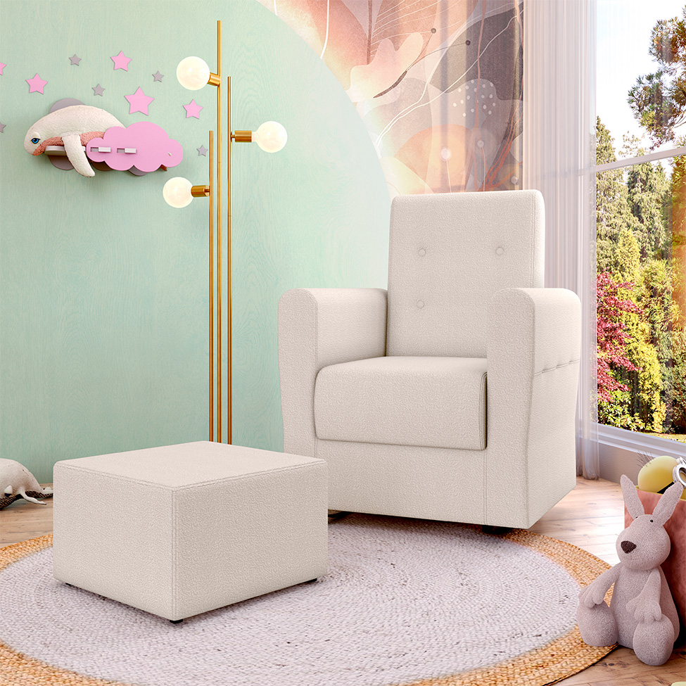 Poltrona Decorativa Pés Balanço com Puff Ninho Bouclé Natural