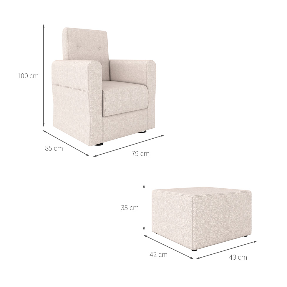 Poltrona Decorativa Pés Balanço com Puff Ninho Bouclé Natural
