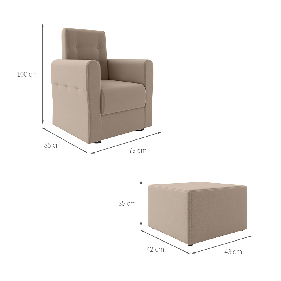 Poltrona Decorativa Pés Balanço com Puff Ninho Suede Bege