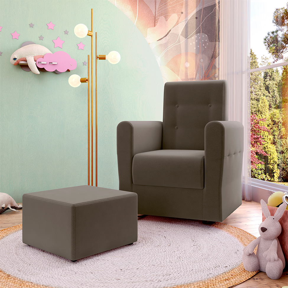Poltrona Decorativa Pés Balanço com Puff Ninho Suede Capuccno