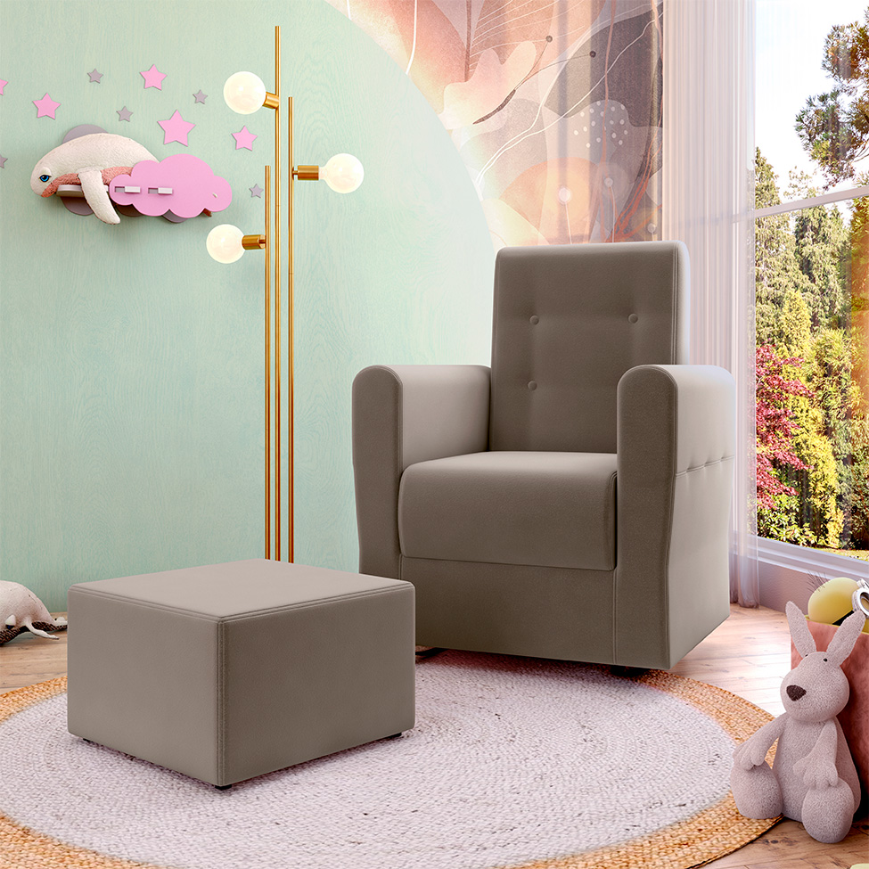 Poltrona Decorativa Pés Balanço com Puff Ninho Veludo Bege