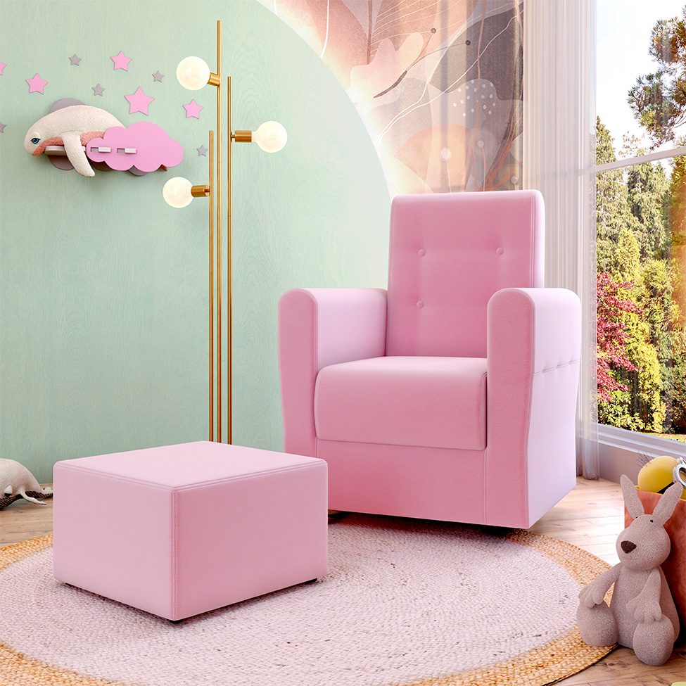 Poltrona Decorativa Pés Balanço com Puff Ninho Veludo Rosa
