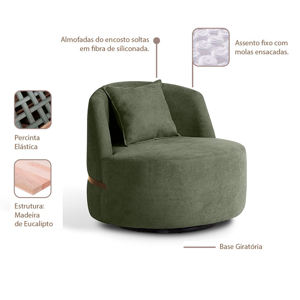 Poltrona Giratória Laila Bouclé Verde e Dourado