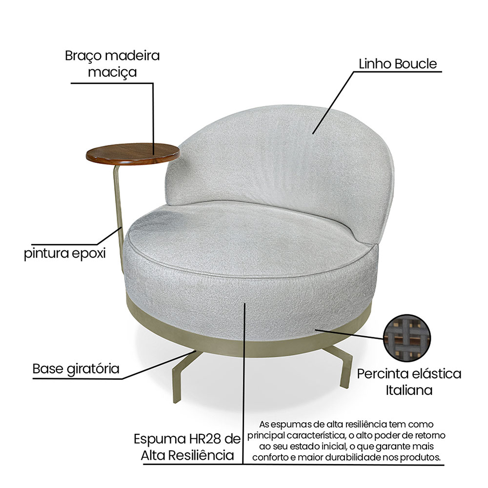 Poltrona Giratória Nash Linho Bouclé Cinza Claro