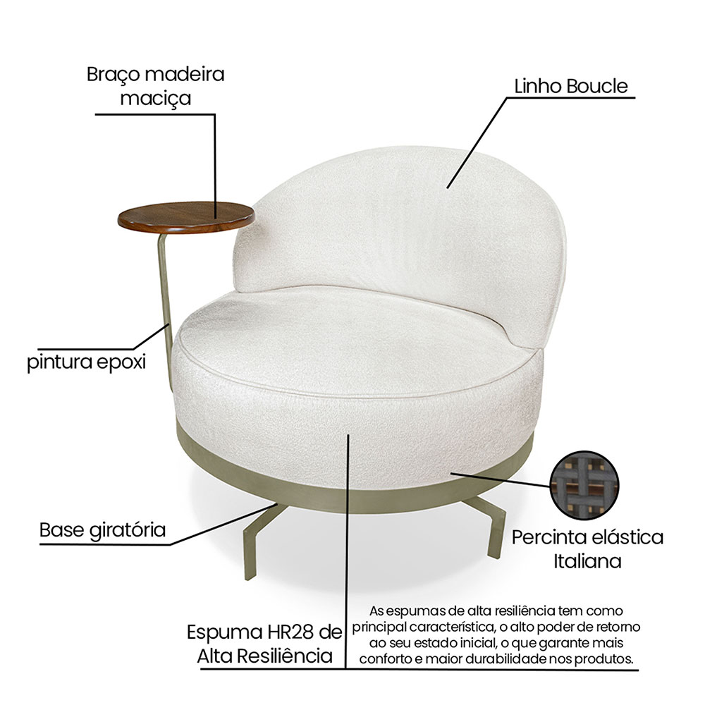 Poltrona Giratória Nash Linho Bouclé Off White