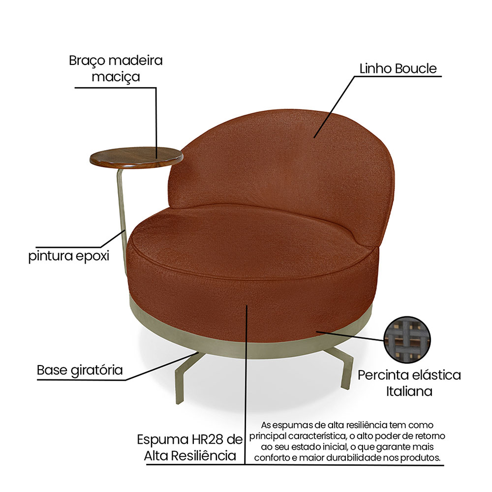 Poltrona Giratória Nash Linho Bouclé Terracota