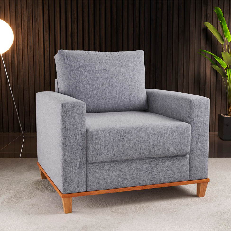 Poltrona New York Pés em Madeira Linho Cinza