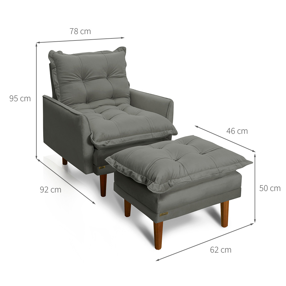 Poltrona Reclinável com Puff Classic Veludo Cinza