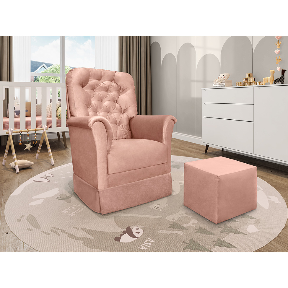 Poltrona para Amamentação Balanço com Puff Agatha Veludo Rosê