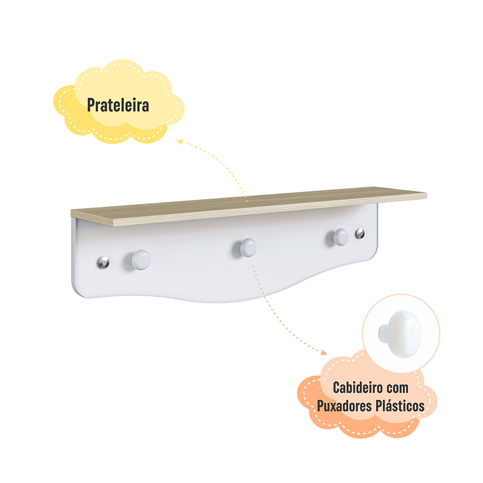 Prateleira Infantil com Cabideiro Encanto Branca e Carvalho