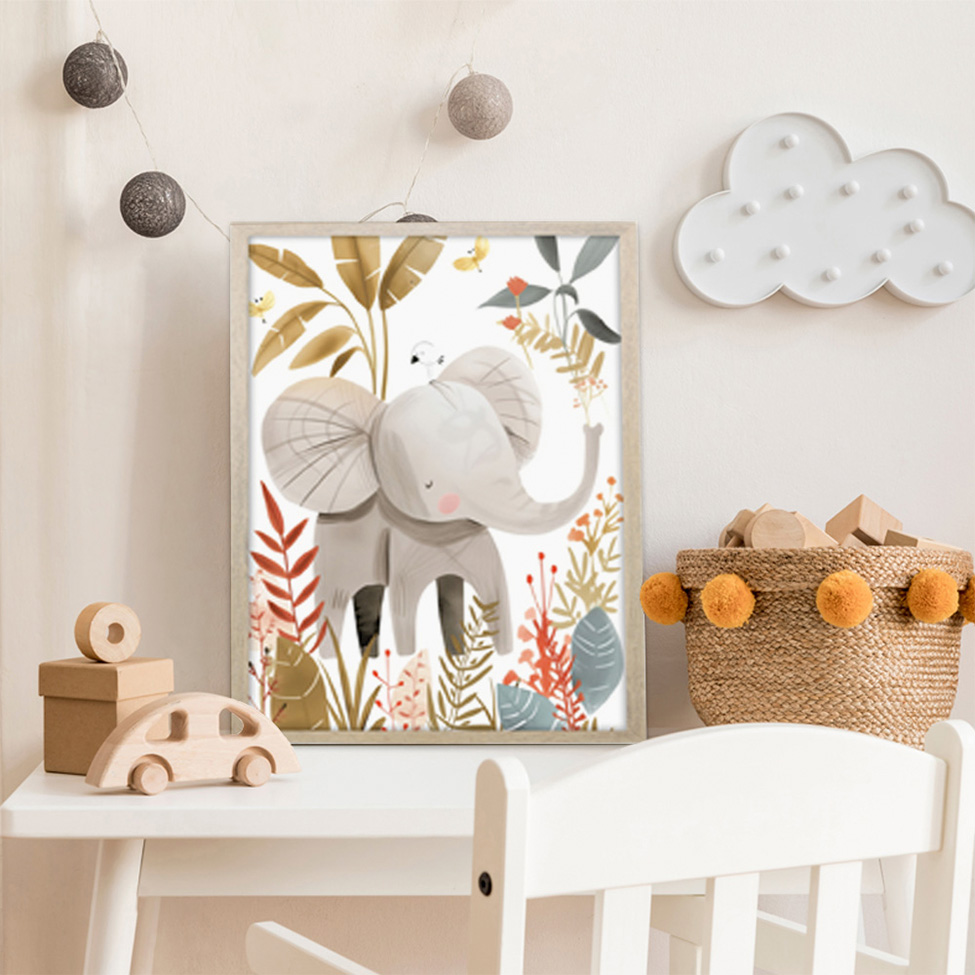 Quadro Infantil Selva Elefante sem Vidro Colorido 20x30 cm