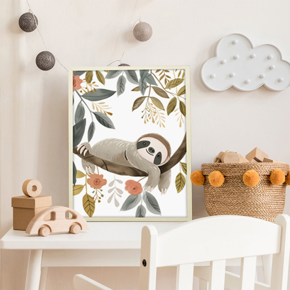 Quadro Infantil Selva Preguiça sem Vidro Colorido 20x30 cm