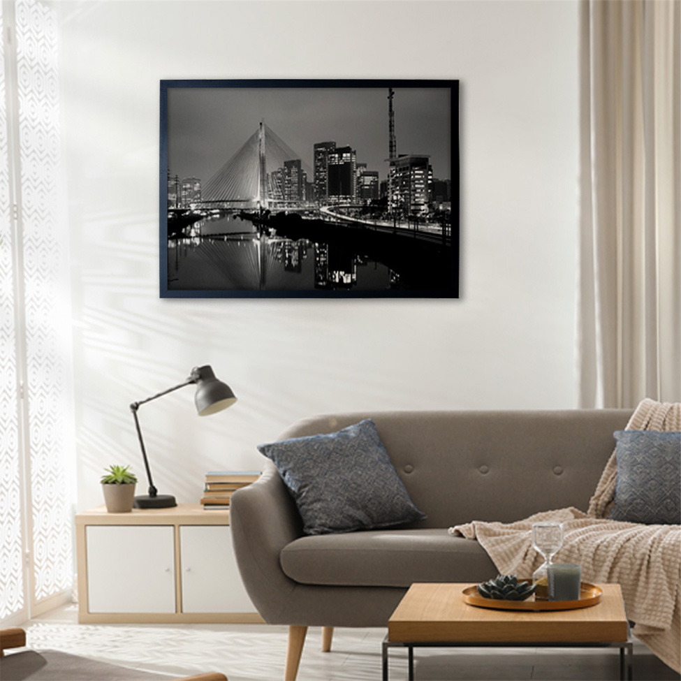 Quadro Manual Canvas Cidade II com Vidro Preto e Branco 40x60 cm