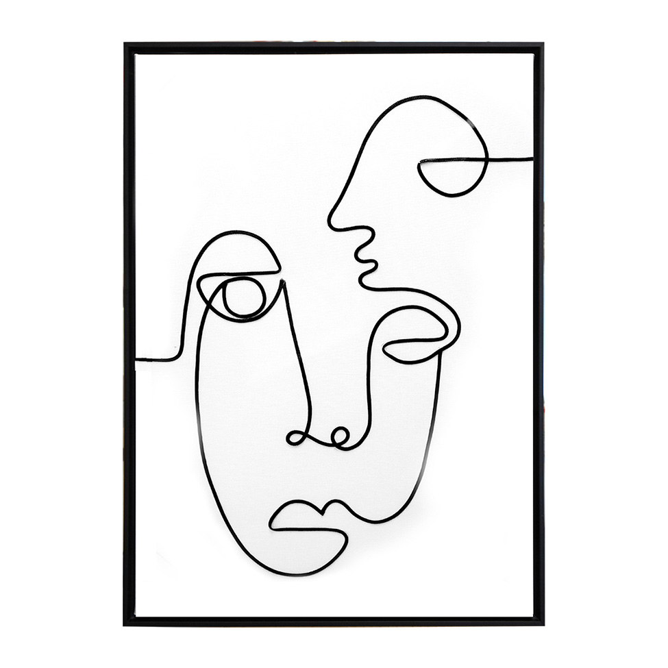 Quadro Manual Canvas Faces Linhas sem Vidro Preto e Branco 50x70 cm