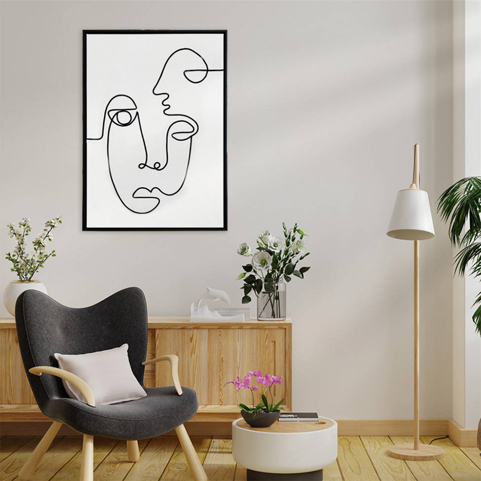 Quadro Manual Canvas Faces Linhas sem Vidro Preto e Branco 50x70 cm