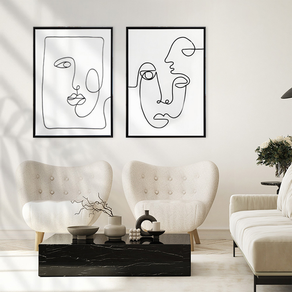 Quadro Manual Canvas Faces Linhas sem Vidro Preto e Branco 50x70 cm