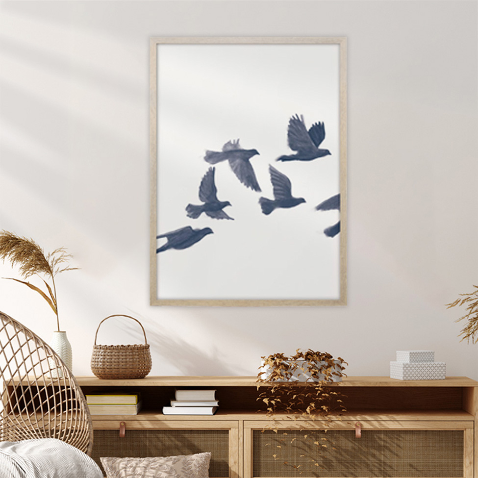 Quadro Romântico Pássaros I sem Vidro Branco e Azul 60x90 cm