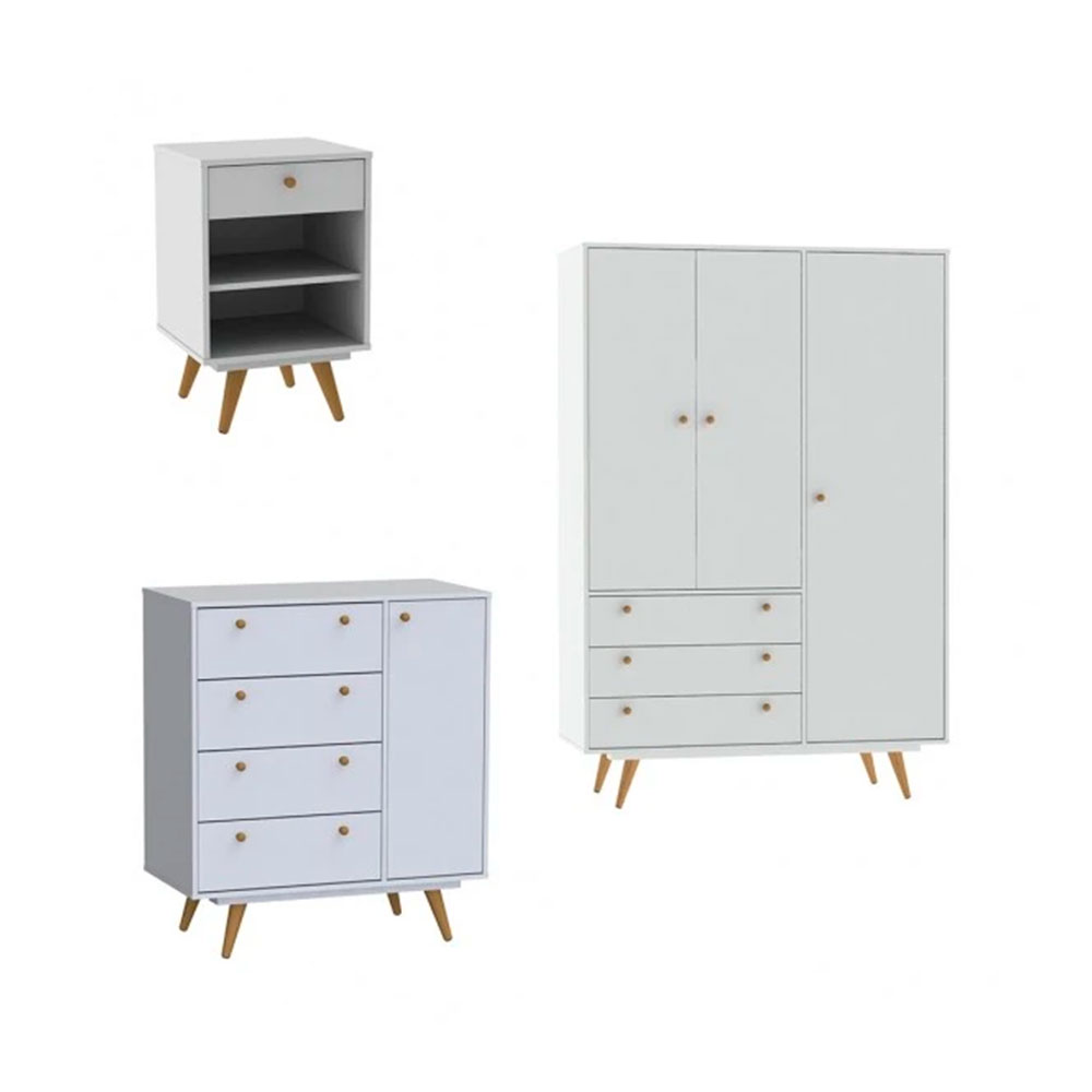 Quarto Infantil Retrô Plus com Guarda-Roupa 3 PT 3 GV Cômoda 1 PT 4 GV e Mesa de Cabeceira 1 GV Branco