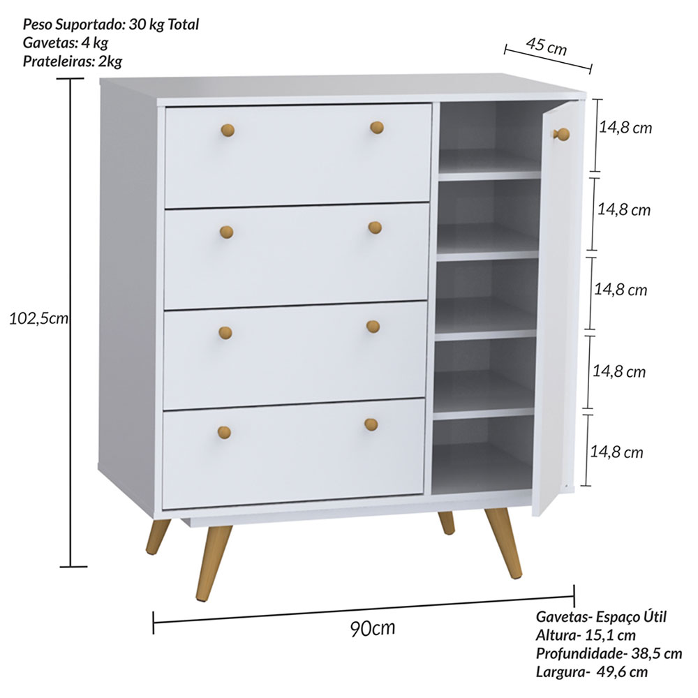 Quarto Infantil Retrô Plus com Guarda-Roupa 3 PT 3 GV Cômoda 1 PT 4 GV e Mesa de Cabeceira 1 GV Branco