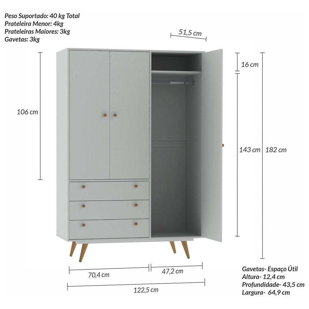 Quarto Infantil Retrô Plus com Guarda-Roupa 3 PT 3 GV Cômoda 1 PT 4 GV e Mesa de Cabeceira 1 GV Branco