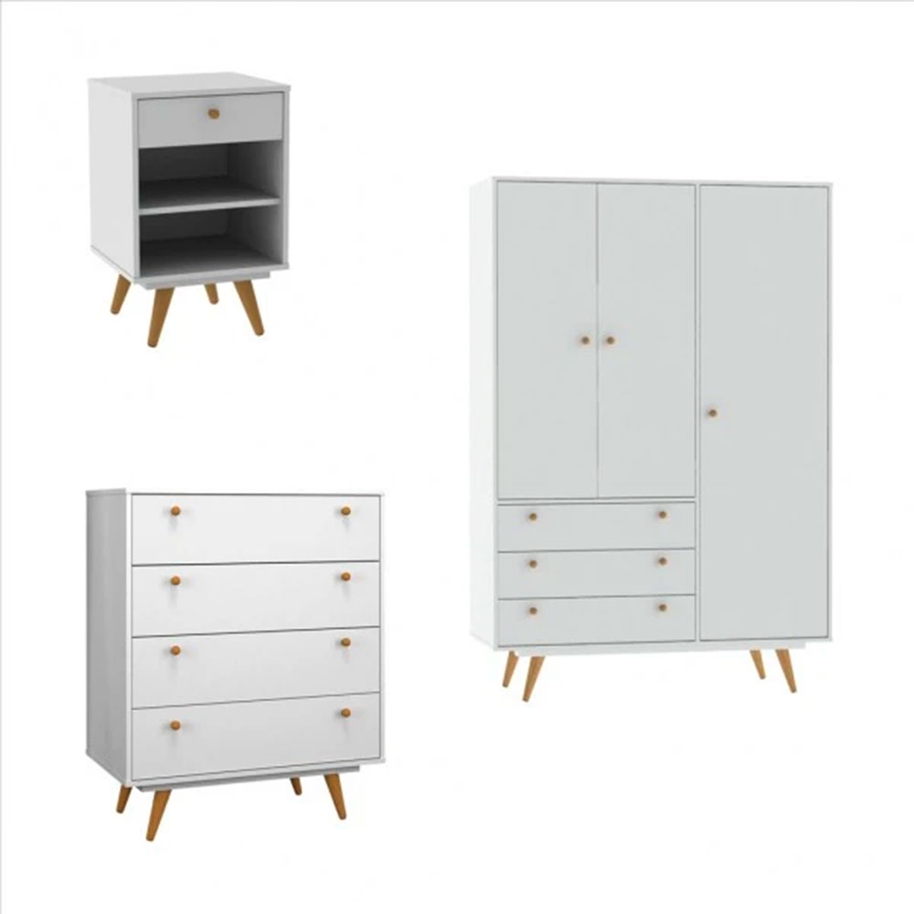 Quarto Solteiro Retrô Plus com Guarda-Roupa 3 PT 3 GV Cômoda 4 GV e Mesa de Cabeceira 1 GV Branco