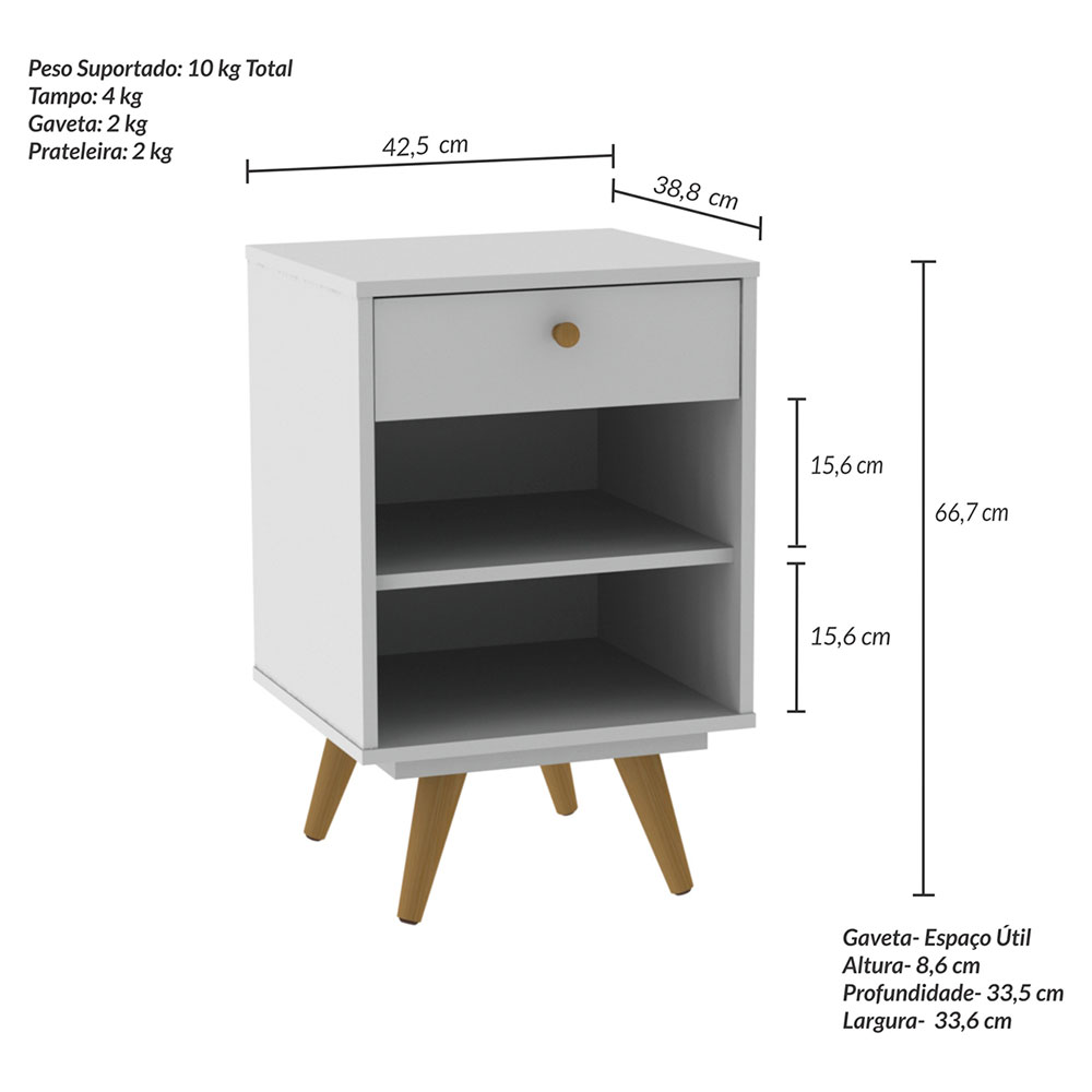 Quarto Solteiro Retrô Plus com Guarda-Roupa 3 PT 3 GV Cômoda 4 GV e Mesa de Cabeceira 1 GV Branco