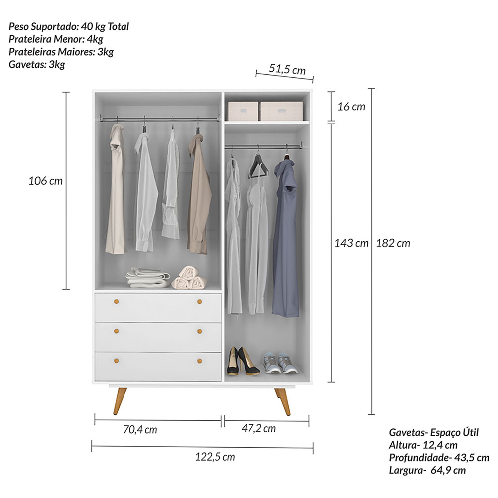 Quarto Solteiro Retrô Plus com Guarda-Roupa 3 PT 3 GV Cômoda 4 GV e Mesa de Cabeceira 1 GV Branco