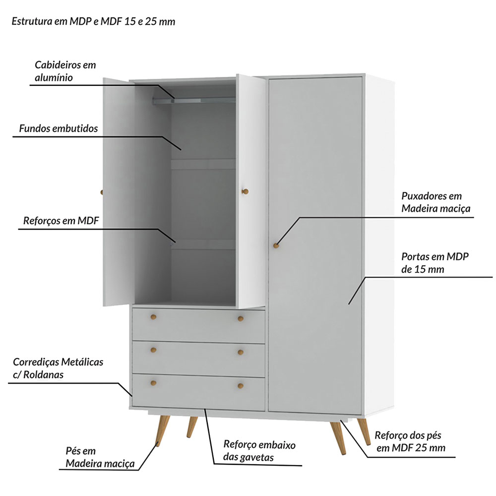 Quarto Solteiro Retrô Plus com Guarda-Roupa 3 PT 3 GV Cômoda 4 GV e Mesa de Cabeceira 1 GV Branco