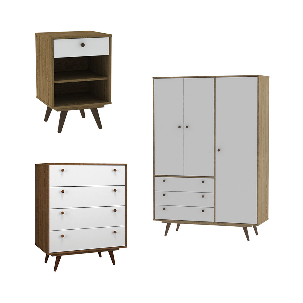 Quarto Solteiro Retrô Plus com Guarda-Roupa 3 PT 3 GV Cômoda 4 GV e Mesa de Cabeceira 1 GV Carvalho e Branco