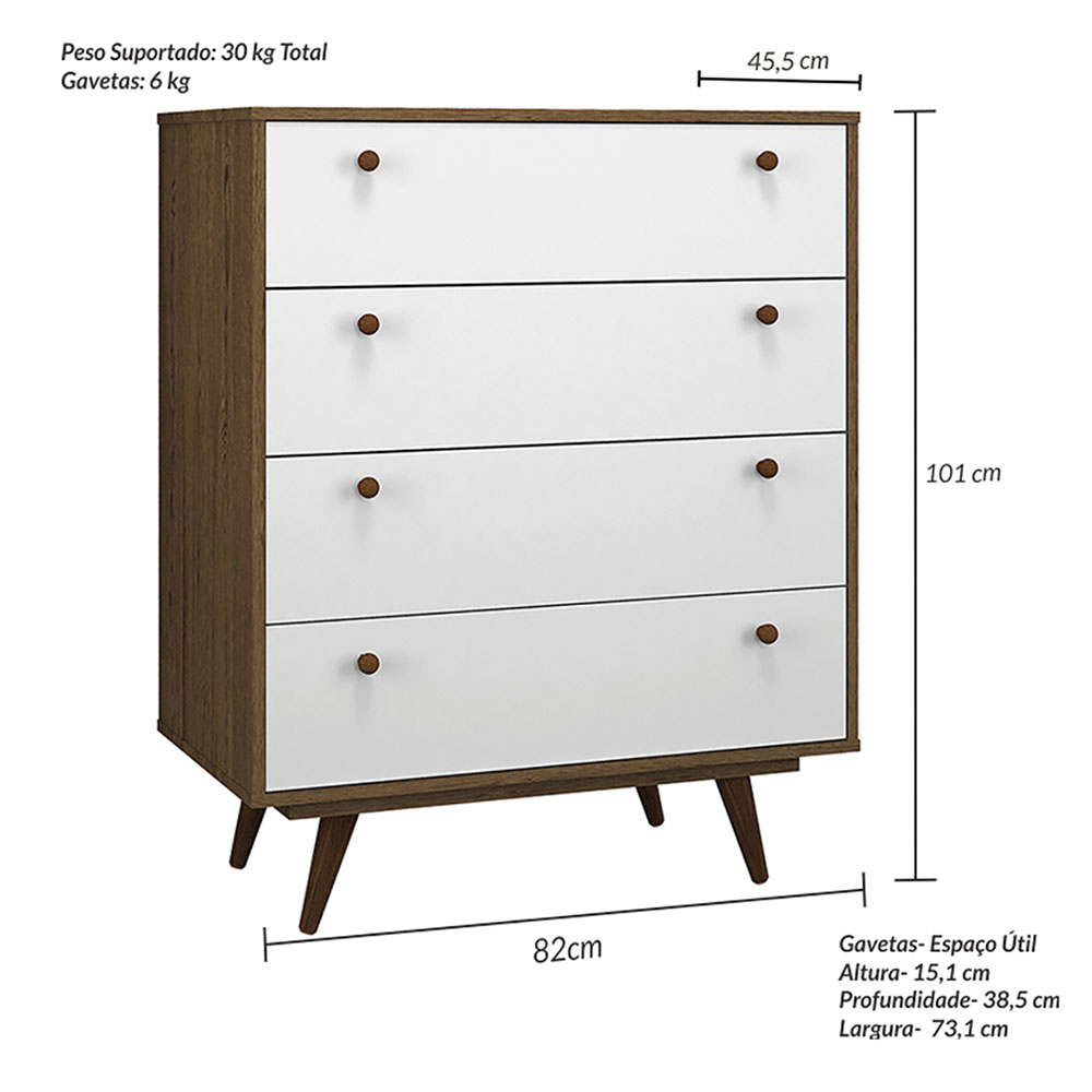 Quarto Solteiro Retrô Plus com Guarda-Roupa 3 PT 3 GV Cômoda 4 GV e Mesa de Cabeceira 1 GV Carvalho e Branco