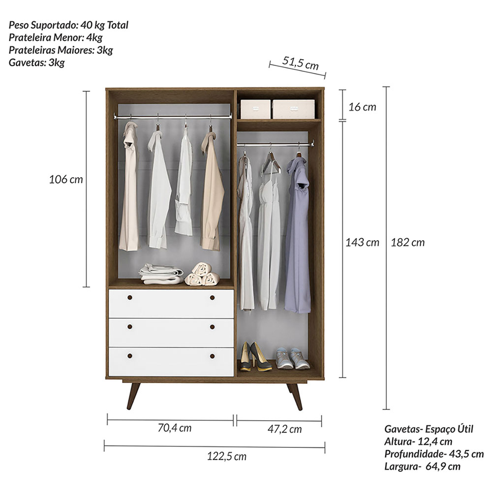 Quarto Solteiro Retrô Plus com Guarda-Roupa 3 PT 3 GV Cômoda 4 GV e Mesa de Cabeceira 1 GV Carvalho e Branco