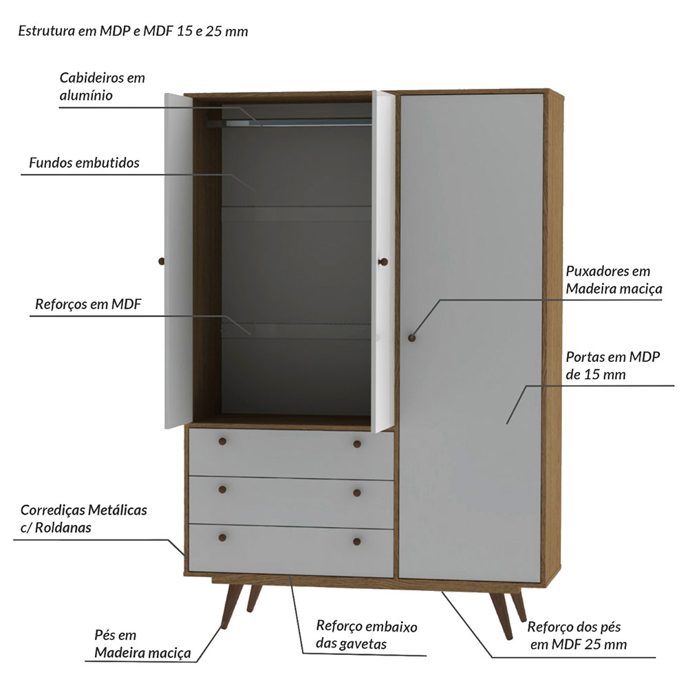 Quarto Solteiro Retrô Plus com Guarda-Roupa 3 PT 3 GV Cômoda 4 GV e Mesa de Cabeceira 1 GV Carvalho e Branco