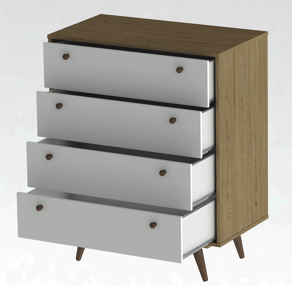 Quarto Solteiro Retrô Plus com Guarda-Roupa 3 PT 3 GV Cômoda 4 GV e Mesa de Cabeceira 1 GV Carvalho e Branco