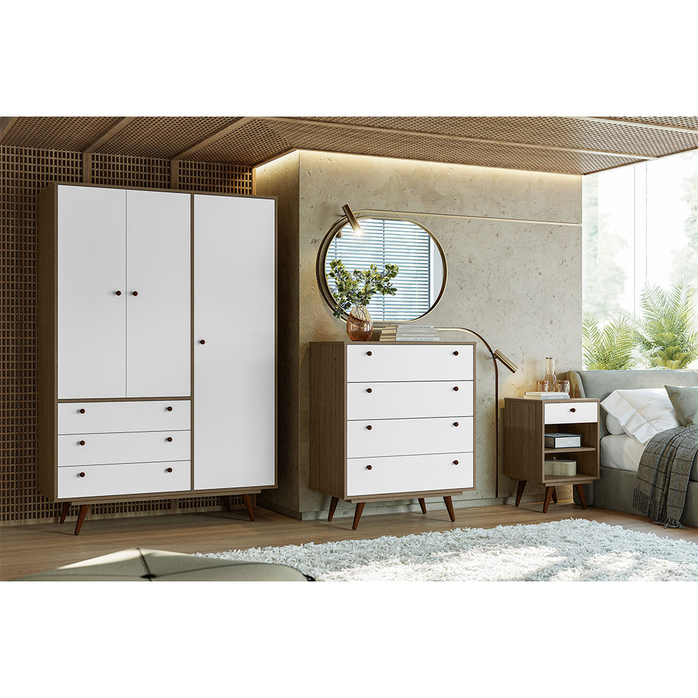 Quarto Solteiro Retrô Plus com Guarda-Roupa 3 PT 3 GV Cômoda 4 GV e Mesa de Cabeceira 1 GV Carvalho e Branco