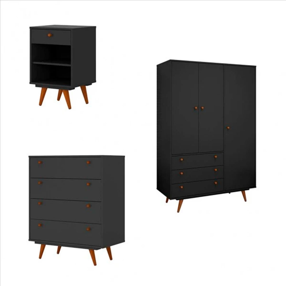 Quarto Solteiro Retrô Plus com Guarda-Roupa 3 PT 3 GV Cômoda 4 GV e Mesa de Cabeceira 1 GV Preto