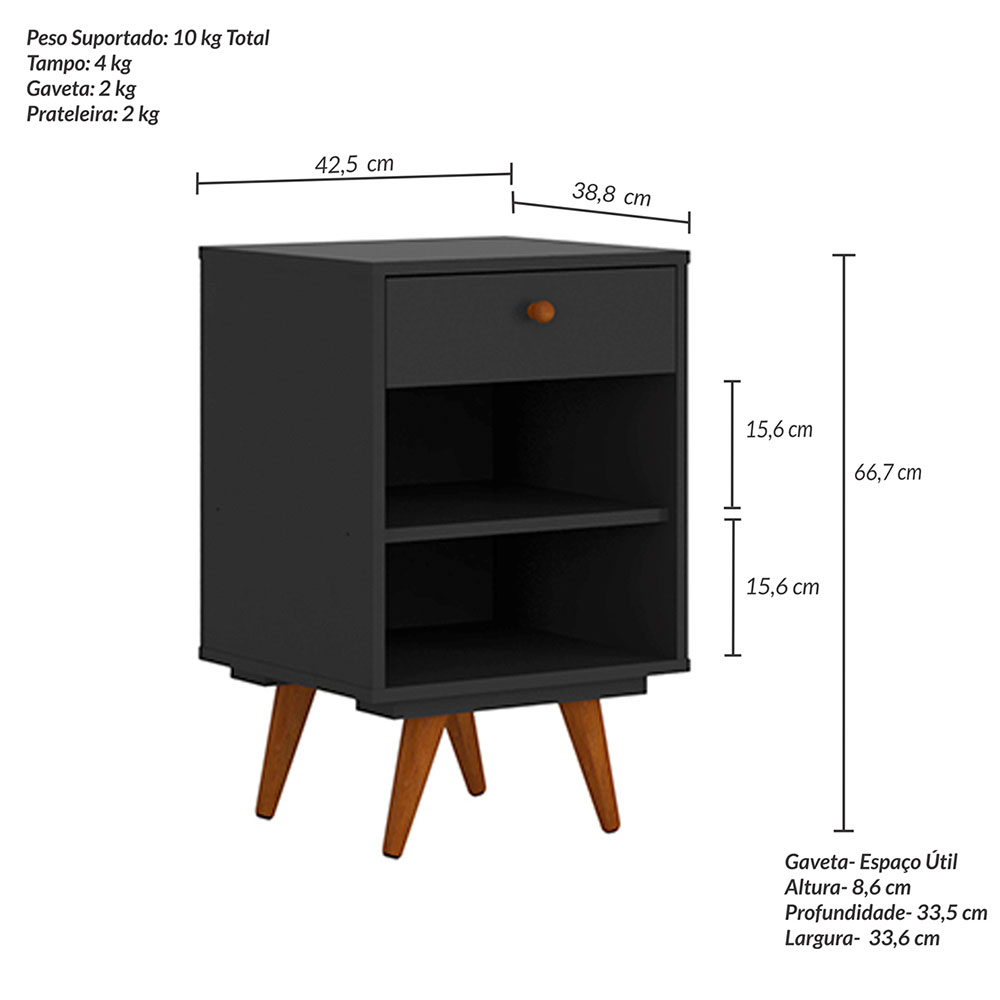 Quarto Solteiro Retrô Plus com Guarda-Roupa 3 PT 3 GV Cômoda 4 GV e Mesa de Cabeceira 1 GV Preto